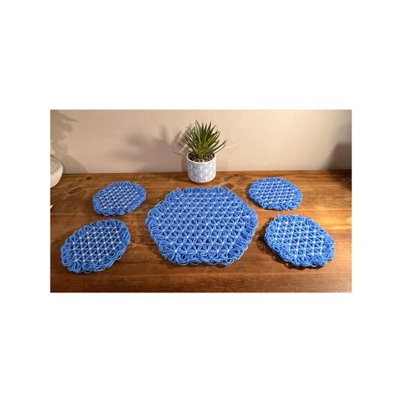 Handmade Crochet Coaster Set – 4 Small + 1 Large – Blue Cotton Mug Rugs - Picture 2 of 6